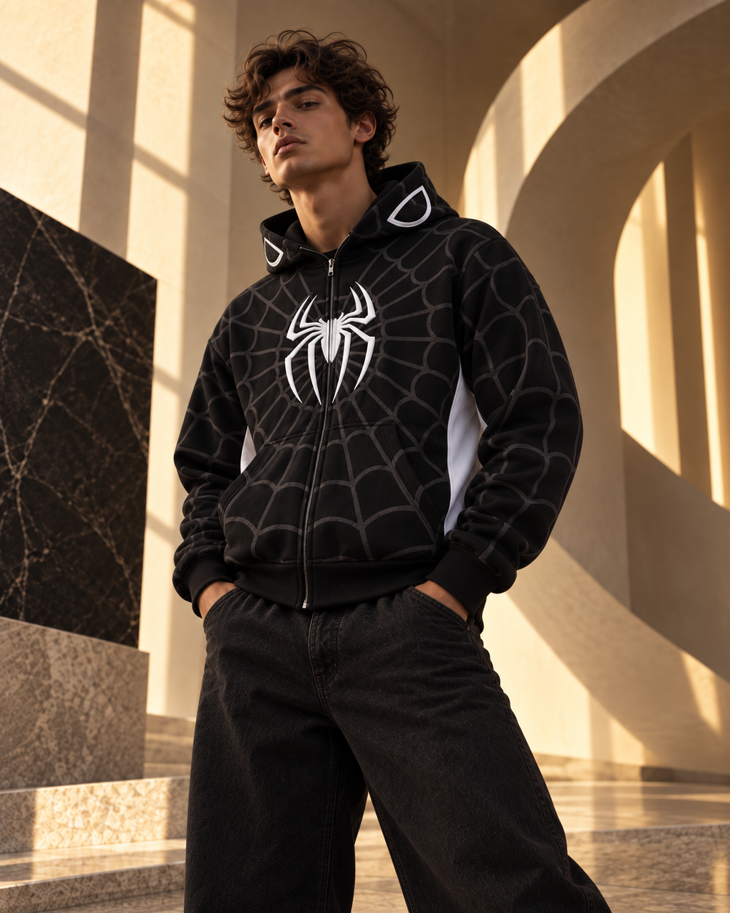 Webbed Zip-Up Oversized Hooded Sweatshirt