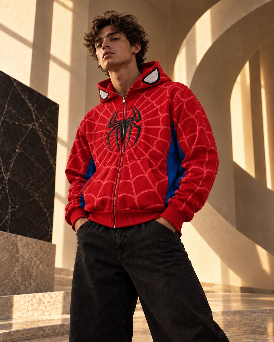 Webbed Zip-Up Oversized Hooded Sweatshirt