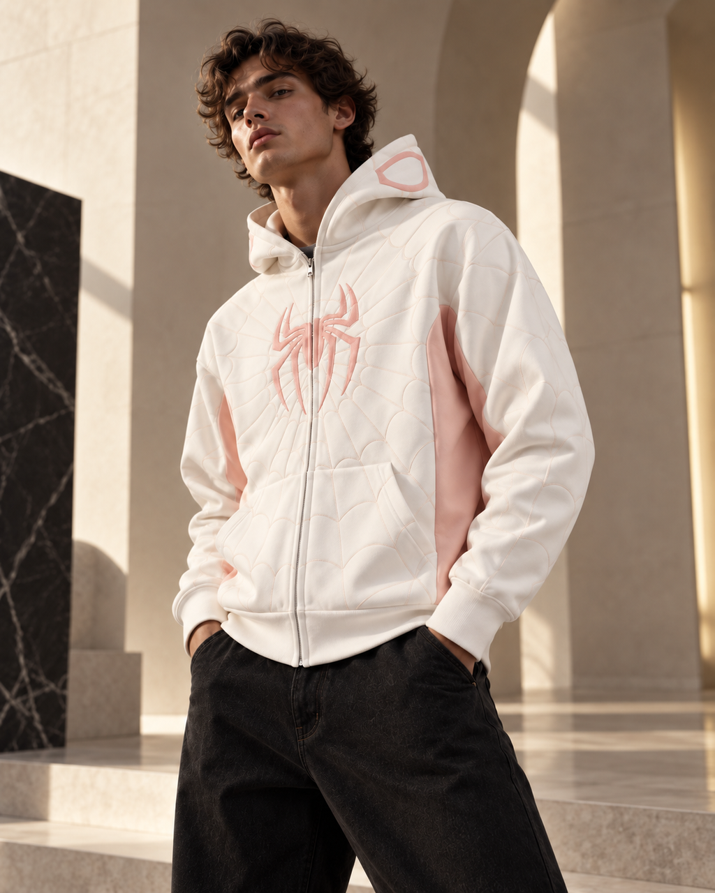 Webbed Zip-Up Oversized Hooded Sweatshirt